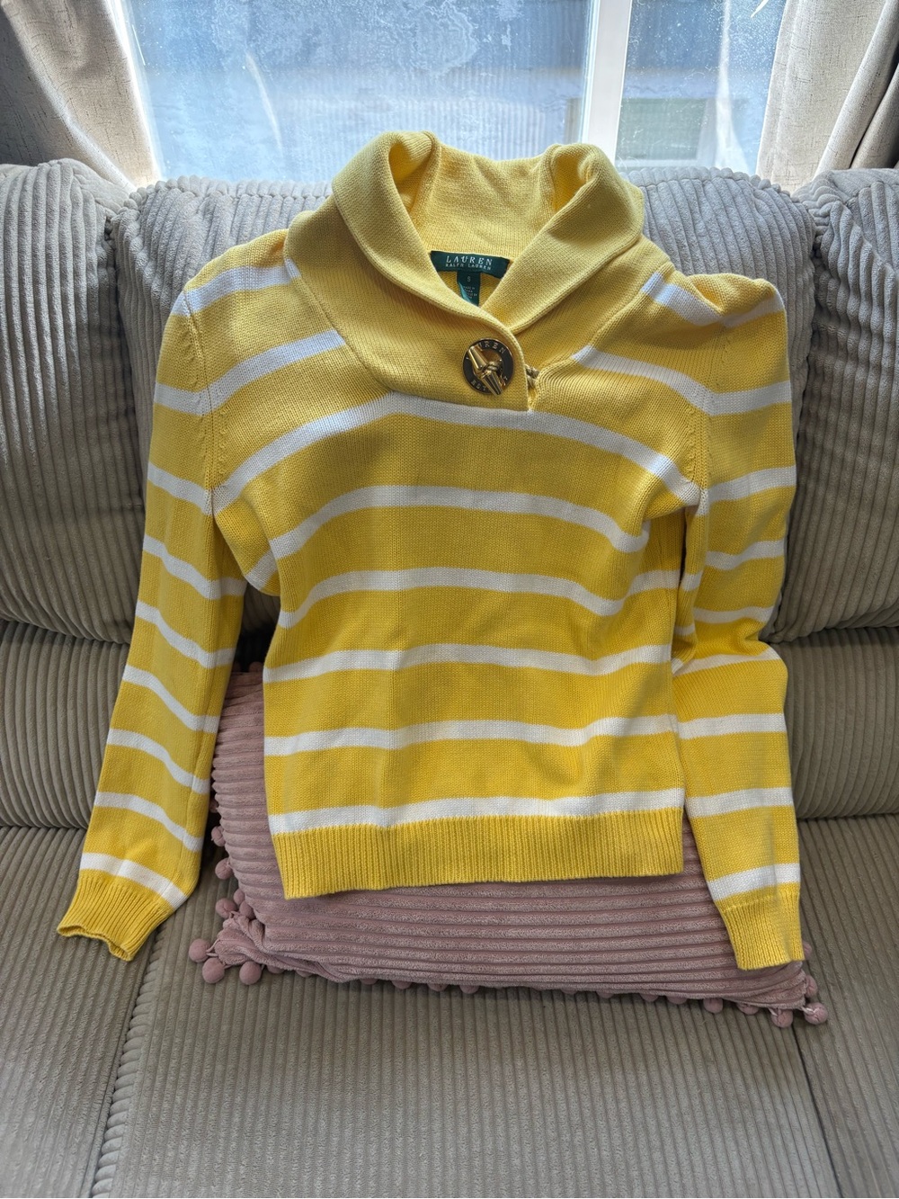 Ralph Lauren Yellow & White Striped Cowl Neck Sweater Small 100% cotton